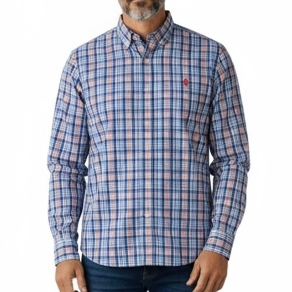 IZOD‎ Plaid Button Down Long Sleeve Dress Shirt Mens Size M Blue Peach Classic